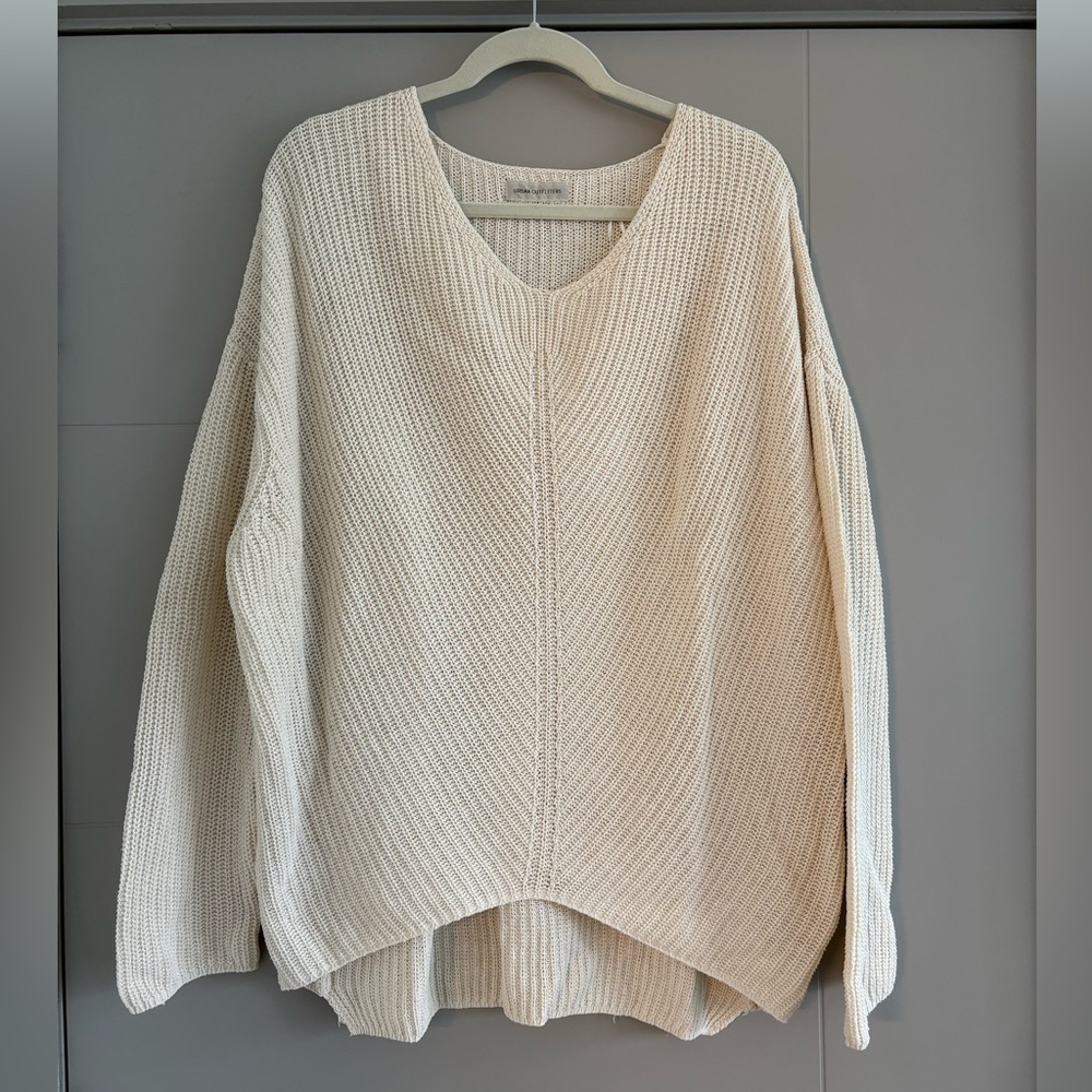 Urban Outfitters Cream V-Neck Oversized Knit Sweater